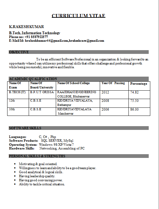 What is the format of resume for a fresher
